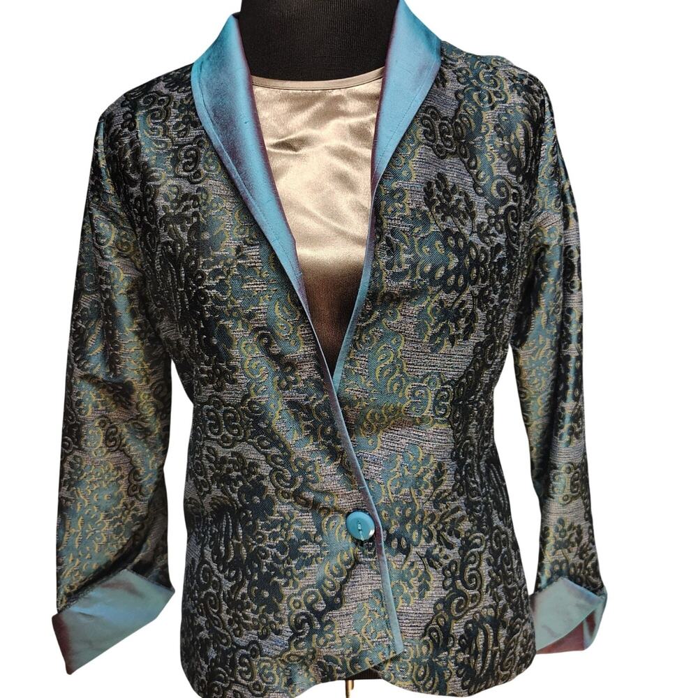 Anni Kuan Silk Metallic Peacock Brocade Jacket Pants Suit Set Vintage Small #612 - Picture 3 of 16